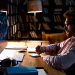 A man with glasses and a beard sits at a wooden desk in a dimly lit room, writing in a notebook . He is looking at a computer monitor displaying financial charts. A lamp illuminates the desk, and a bookshelf filled with books is visible in the background.